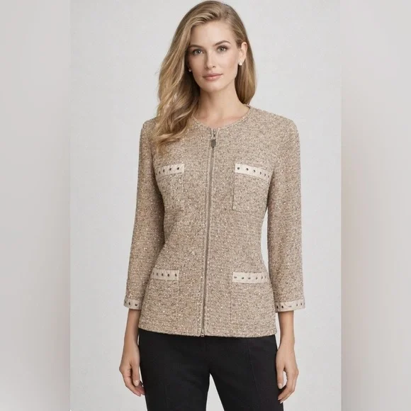 St John Santana Knit Zip Jacket Beige Gold Size 10 - Picture 1 of 7